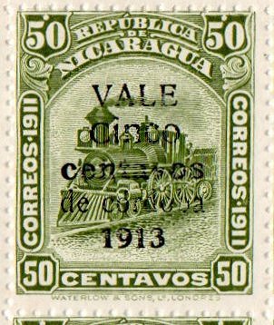 Nicaragua stamps 1913 surcharges Locomotive 5c/50c Broken 'v' in 'centavos (position 22)